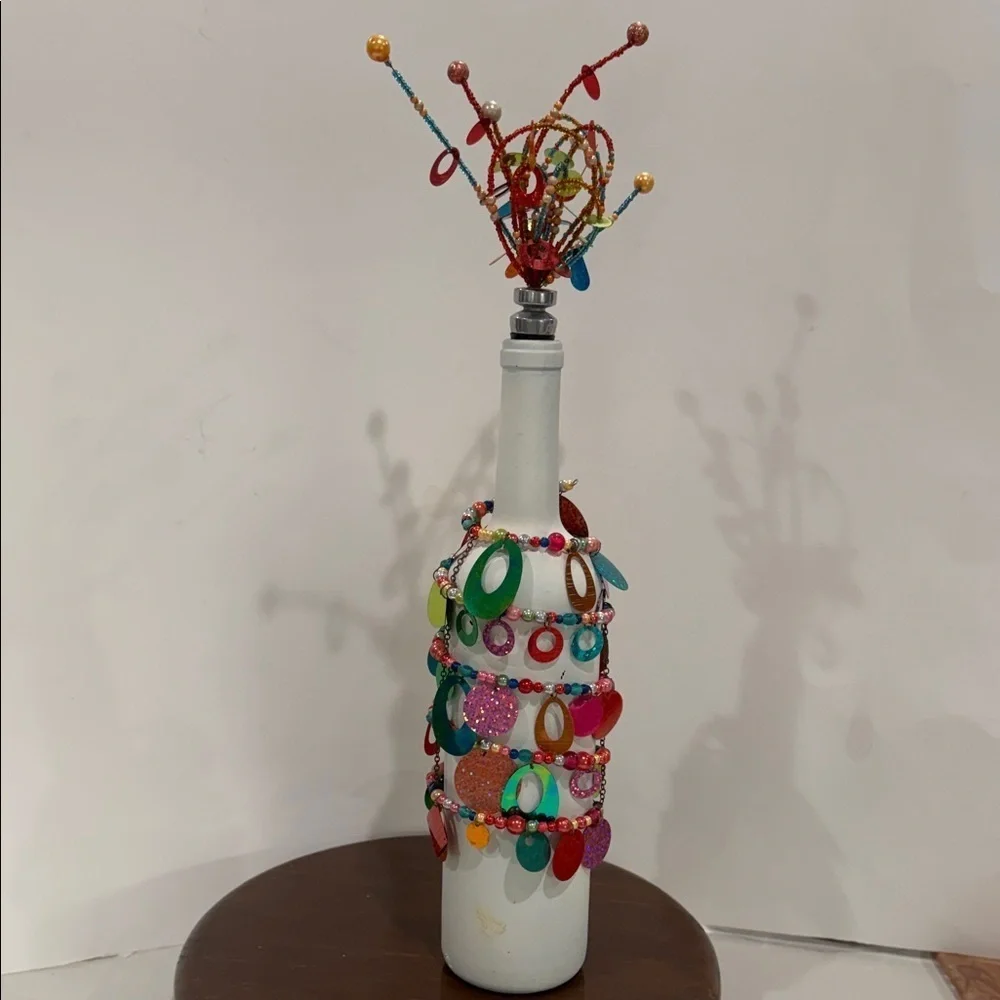 Decorative White Wine Bottle With Fireworks Beaded Stopper & Beads, Sequins Wrap